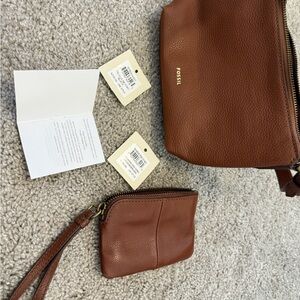Fossil Tan Leather Crossbody and Wristlet Set